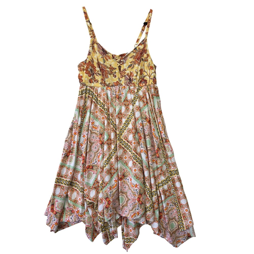 Boho Floral Paisley Handkerchief Hem Midi Dress Yellow Orange Green Smocked Back